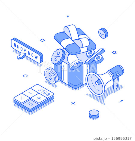 Discount Promotion: Gift Box, Calculator, and Shopping Sign Discount Promotion: Gift Box, Calculator, and Shopping Sign 136996317