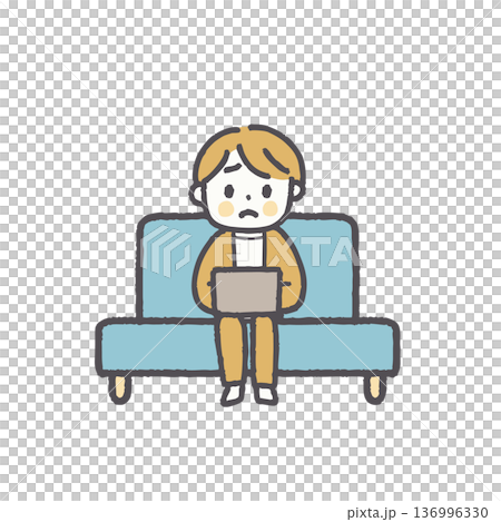 一組插圖，描繪了一群穿著休閒辦公服裝坐在沙發上的人。 136996330