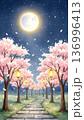 和紙の質感を活かした水彩画風 満月に照らされる夜桜並木と提灯の幻想的な風景イラスト 136996413