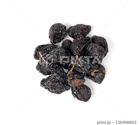 Dry Plums Isolated, Dried Black Fruits Pile Dry Plums Isolated, Dried Black Fruits Pile 136996603