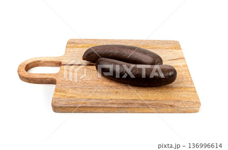 Black pudding isolated, blood sausage kaszanka, traditional Polish terrine, brawn sausages on white 136996614