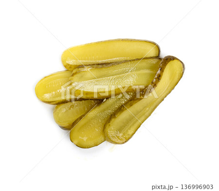 Pickled sliced cucumbers, fermented food, marinated canned vegetables, gherkins, pickles 136996903
