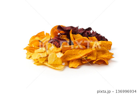 Parsnips, sweet potato, carrot and beetroot chips isolated, dry vegetable root mix, healthy snacks 136996934