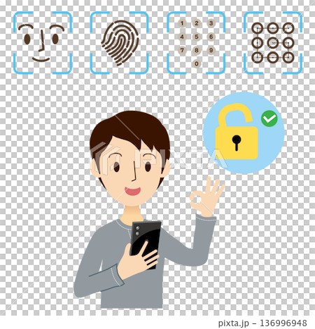 一名男子正在使用身份驗證解鎖他的智慧型手機。 136996948