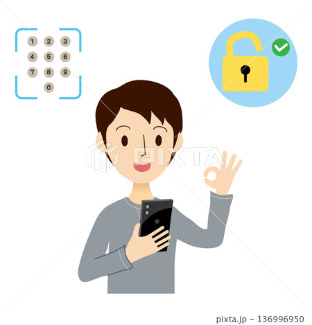 スマホのパスワード認証でロック解除をする男性 136996950