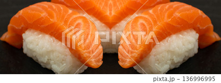 Slices of Raw Salmon Fillet on Black Background Mockup Top View 136996995