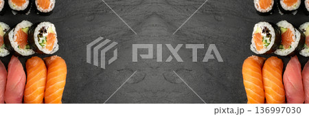 Set of Various Japanese Sushi Food on Dark Sate Plate Closeup. Nigiri and Nori Maki Sushi Rolls 136997030