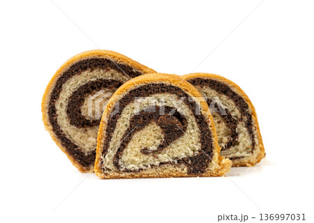 Poppy Seed Swiss Roll, Round Sponge Cake Isolated, Sliced Rolled Vanilla Biscuit with Poppy Seeds Filling 136997031