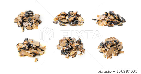 Truffle Slices Isolated, Tuber Melanosporum Mushroom Pieces in Oil, Canned Black Truffle 136997035