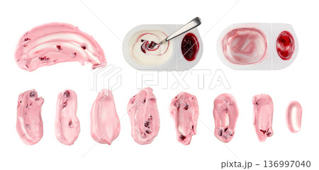 Yogurt smear set isolated, pink yoghurt 136997040
