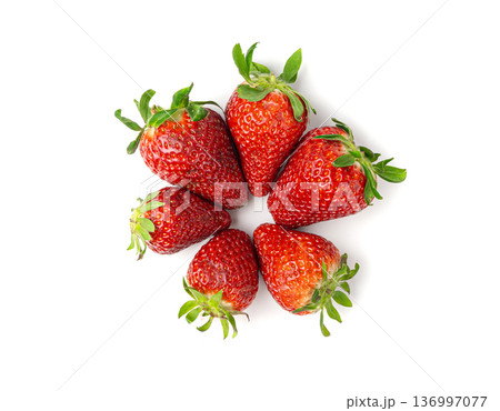 Fresh strawberry isolated, whole ripe straw berry, red juicy imperfect strawberri with green leaves 136997077