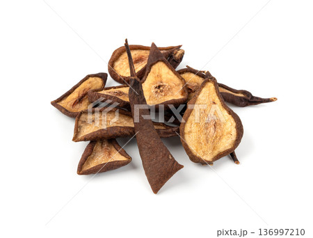 Dry pear slices isolated, dried apple chips, healthy fruit snack Dry pear slices isolated, dried apple chips, healthy fruit snack 136997210