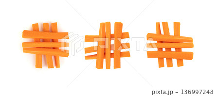 Carrot sticks, long pieces of fresh vegetables ready to eat Carrot sticks, long pieces of fresh vegetables ready to eat 136997248