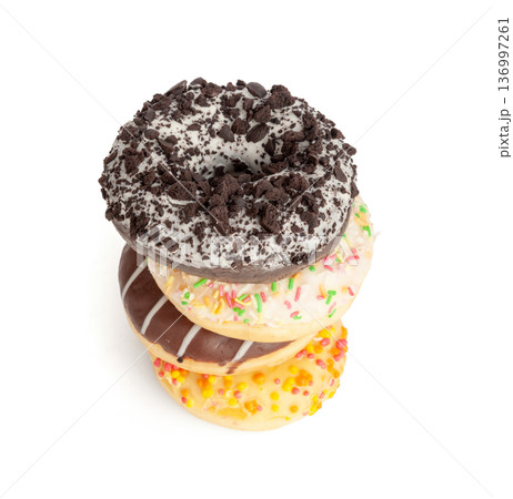 Doughnuts, Chocolate Brown and Pink Donut with Multicolored Sprinkles Doughnuts, Chocolate Brown and Pink Donut with Multicolored Sprinkles 136997261