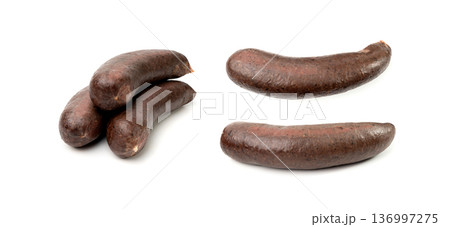 Black pudding isolated, blood sausage kaszanka, traditional Polish terrine, brawn sausages on white Black pudding isolated, blood sausage kaszanka, traditional Polish terrine, brawn sausages on white 136997275