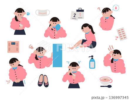 体調不良や妊娠中にある様々な症状とアイコンのイラストセット 体調不良や妊娠中にある様々な症状とアイコンのイラストセット 136997345