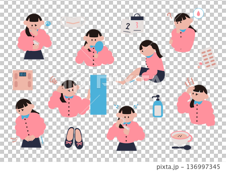 体調不良や妊娠中にある様々な症状とアイコンのイラストセット 体調不良や妊娠中にある様々な症状とアイコンのイラストセット 136997345