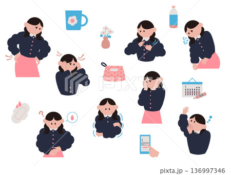 体調不良や妊娠中にある様々な症状とアイコンのイラストセット 体調不良や妊娠中にある様々な症状とアイコンのイラストセット 136997346