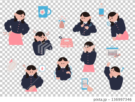 体調不良や妊娠中にある様々な症状とアイコンのイラストセット 体調不良や妊娠中にある様々な症状とアイコンのイラストセット 136997346