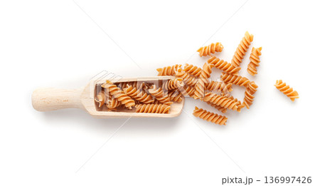 Raw Brown Pasta, Wholegrain Fusilli, Dry Whole Grain Noodle, Raw Spelt Macaroni, Healthy Italy Food Raw Brown Pasta, Wholegrain Fusilli, Dry Whole Grain Noodle, Raw Spelt Macaroni, Healthy Italy Food 136997426