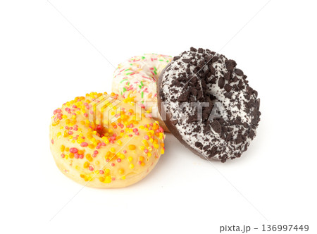 Doughnuts, Chocolate Brown and Pink Donut with Multicolored Sprinkles 136997449