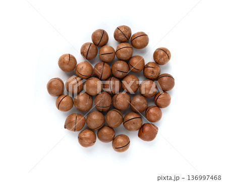 Macadamia nuts isolated. Natural raw peeled macadamia seeds and shells Macadamia nuts isolated. Natural raw peeled macadamia seeds and shells 136997468