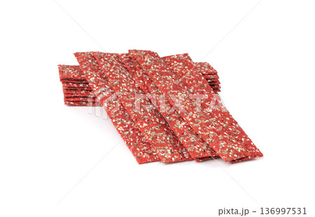 Beetroot crackers, thin rusk beet root bread, red diet multigrain crispbread, various seeds Beetroot crackers, thin rusk beet root bread, red diet multigrain crispbread, various seeds 136997531