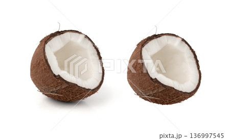 Coconut pieces, broken coco nut isolated, fresh tropical palm fruit slices, open cracked coconut Coconut pieces, broken coco nut isolated, fresh tropical palm fruit slices, open cracked coconut 136997545