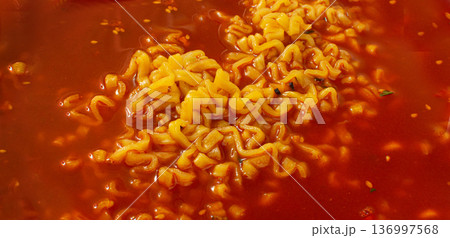 Red spicy noodle soup textured pattern 136997568