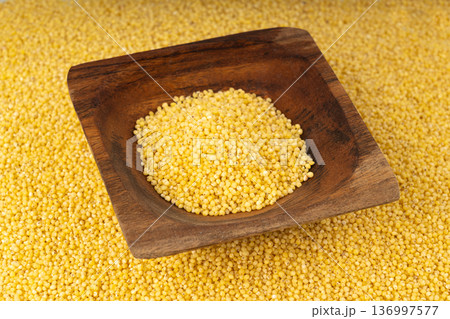 Raw millet grains pile in wood bowl closeup. Little yellow cereal, natural foxtail small seeds Raw millet grains pile in wood bowl closeup. Little yellow cereal, natural foxtail small seeds 136997577