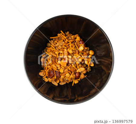 Navrattan namkeen mixture. Indian nimko snack, spicy and sweet farsaan 136997579