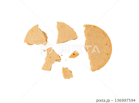 Protein cookie isolated, broken round energy snack with peanuts, chicory fibre Protein cookie isolated, broken round energy snack with peanuts, chicory fibre 136997594