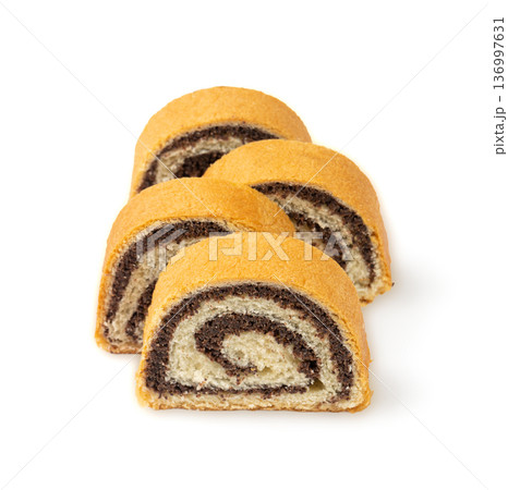 Poppy Seed Swiss Roll, Round Sponge Cake Isolated, Sliced Rolled Vanilla Biscuit with Poppy Seeds Filling Poppy Seed Swiss Roll, Round Sponge Cake Isolated, Sliced Rolled Vanilla Biscuit with Poppy Seeds Filling 136997631