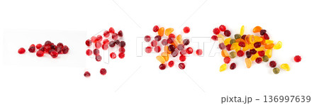 Fruit gummy candy pile isolated, vegan chewing marmalade pills, jelly gumdrops heap 136997639
