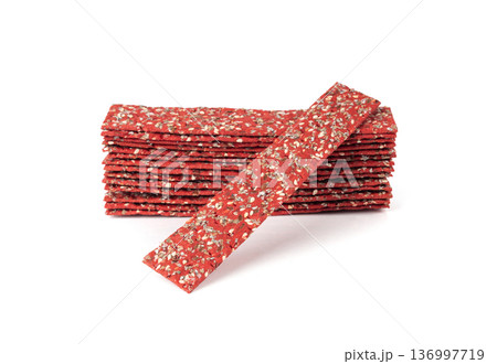 Beetroot crackers, thin rusk beet root bread, red diet multigrain crispbread, various seeds Beetroot crackers, thin rusk beet root bread, red diet multigrain crispbread, various seeds 136997719