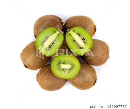 Kiwi fruit isolated. Green kiwifruit slice, kivi cut Kiwi fruit isolated. Green kiwifruit slice, kivi cut 136997755