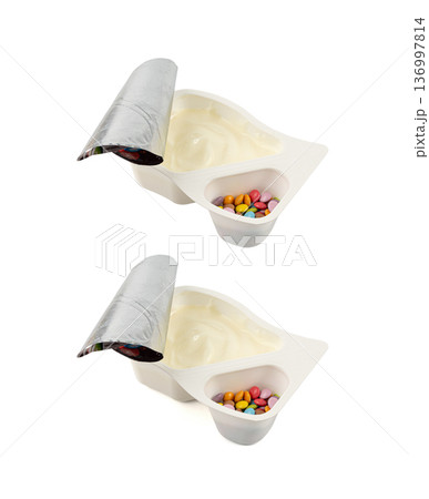 Yogurt cup isolated, yoghurt in plastic pot, milk pudding container, dairy food small package 136997814