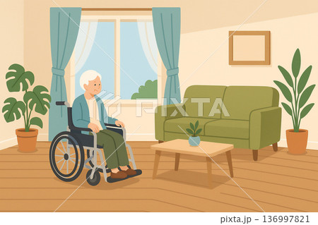 車椅子の高齢者が過ごす明るい室内 136997821