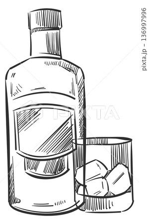 Whiskey bottle and scotch glass with ice cubes doodle 136997996
