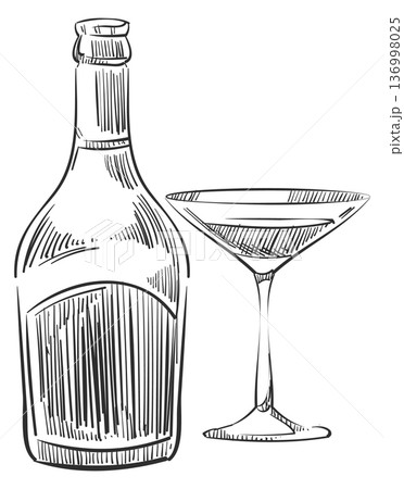 Martini sketch. Drink bottle and cocktail glass icon 136998025