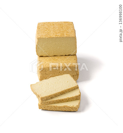 Tofu Cheese Isolated, Smoked Vegan Cheese Slice, Sliced Soya Bean Curd, Soy Protein or TSP 136998100