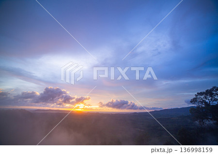 Aerial view of Soft Veil of Mist Beneath a Painted Sky Aerial view of Soft Veil of Mist Beneath a Painted Sky 136998159