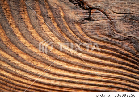 Old wood textured background. Dark driftwood surface, burnt wood brushing, macro brown floor Old wood textured background. Dark driftwood surface, burnt wood brushing, macro brown floor 136998256