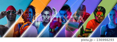 Colorful sports composition with diverse athletes under dramatic lighting. 136998293