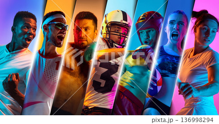 Neon sports composition with intense athletes in dynamic action. 136998294