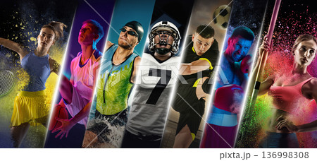 Dynamic sports collage with athletes from different disciplines. Dynamic sports collage with athletes from different disciplines. 136998308