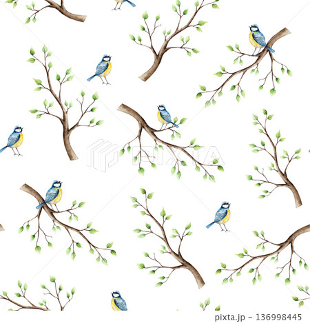Spring seamless patterns with branch, leaves and blue tit perche. Watercolor titmouse, easter hand drawn illustration isolated on background, transparent png. Botanical and wedding clip art. For 136998445