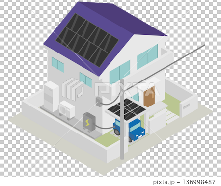 Isometric image of a self-sufficient house with solar panels on a carport 136998487