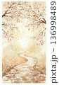 和紙の質感を活かした水彩画風 セピア調の桜並木と石畳の道の春風景イラスト 136998489