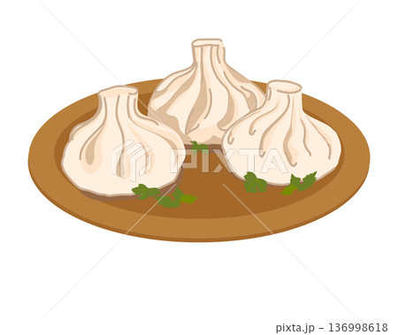 Khinkali and cilantro leaves on a clay plate. A national dish of Georgia and the Caucasus. A specially rolled dough with a filling. Vector illustration in a flat style. Khinkali and cilantro leaves on a clay plate. A national dish of Georgia and the Caucasus. A specially rolled dough with a filling. Vector illustration in a flat style. 136998618